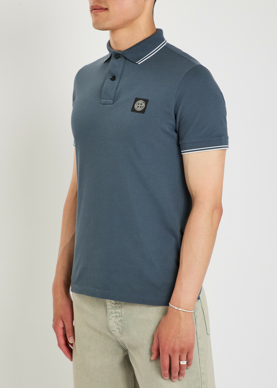 Stone Island Logo-appliquéd Piqué Cotton Polo Shirt Blue Dark