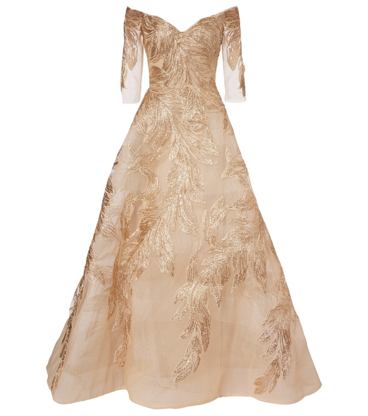 Photo: Monique Lhuillier Embroidered off-shoulder tulle gown