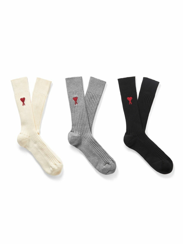 Photo: AMI PARIS - Three-Pack Logo-Embroidered Ribbed Cotton-Blend Socks - Neutrals