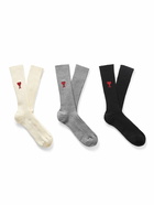 AMI PARIS - Three-Pack Logo-Embroidered Ribbed Cotton-Blend Socks - Neutrals