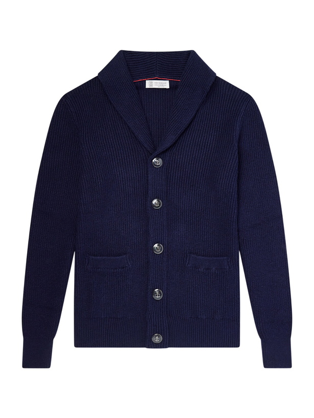 Photo: Brunello Cucinelli - Shawl-Collar Ribbed Cotton Cardigan - Blue