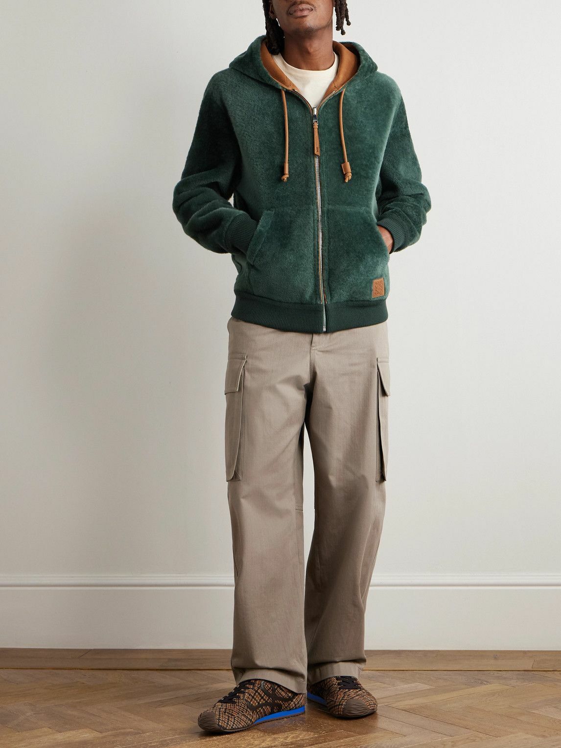 LOEWE - Logo-Appliquéd Shearling Hooded Bomber Jacket - Green