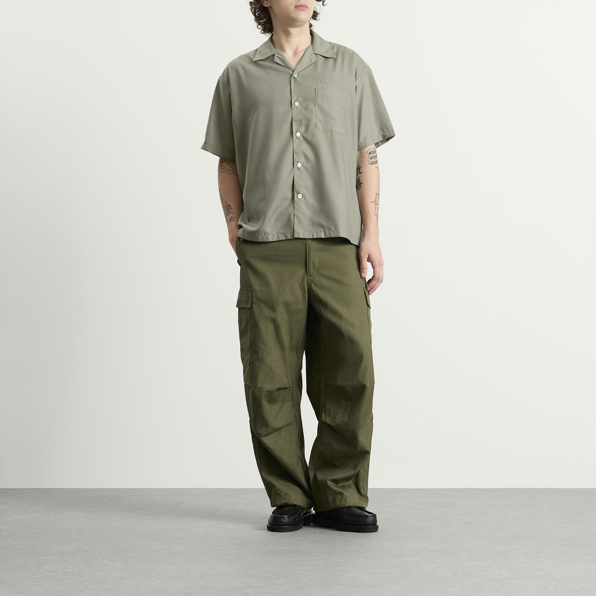 Neighborhood Men's Solid Color Hawaiian Logo Shirt in Sage Green