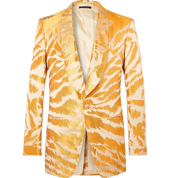 Photo: TOM FORD - Slim-Fit Shawl-Collar Zebra-Jacquard Satin and Faille Tuxedo Jacket - Yellow