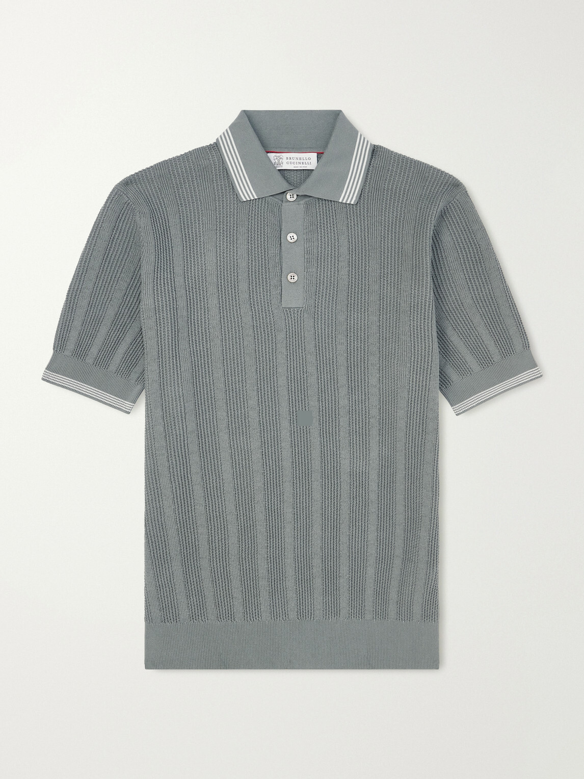 Brunello Cucinelli - Striped Pointelle-Knit Cotton Polo Shirt - Green