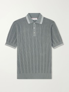 Brunello Cucinelli - Striped Pointelle-Knit Cotton Polo Shirt - Green