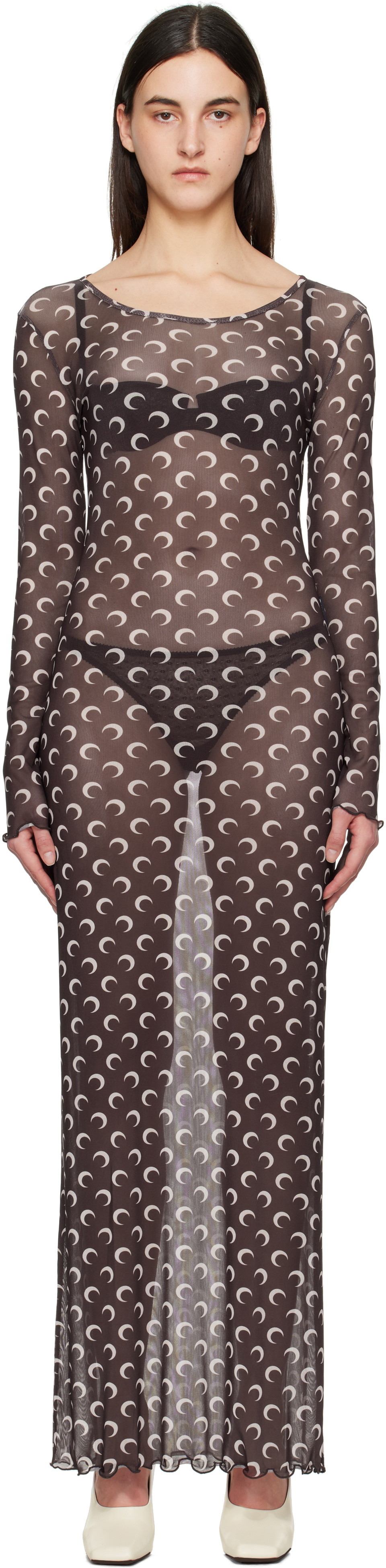 Marine Serre Brown Moon Printed Mesh Panelled Maxi Dress Marine Serre