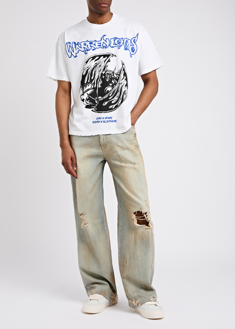 Warren Lotas Distressed Printed Wide-leg Jeans Blue
