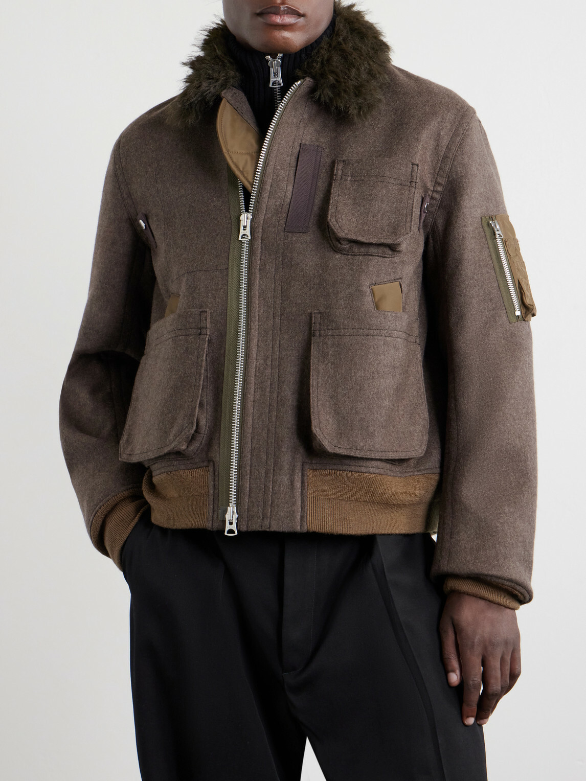 Sacai - Melton Plush-Trimmed Wool Blouson Jacket - Brown