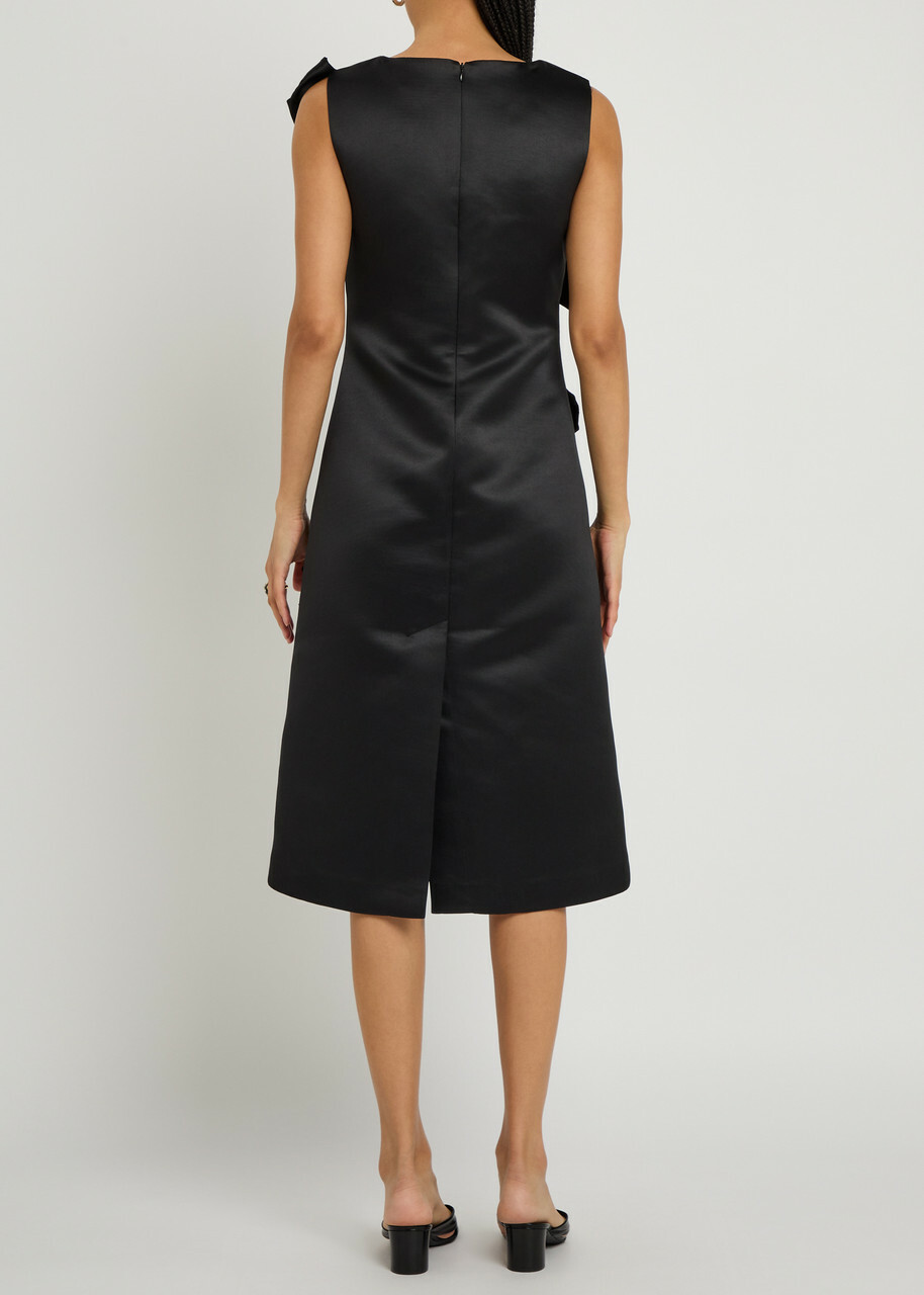Ganni Bow-appliquéd Satin Midi Dress Black