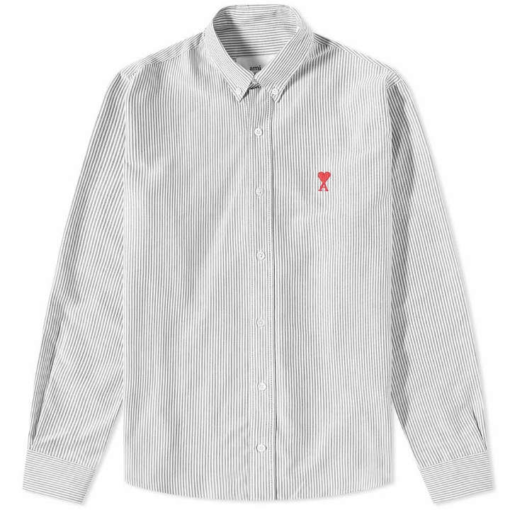 Photo: AMI Men's Stripe Logo Button Down Oxford Shirt in Blck&Wht