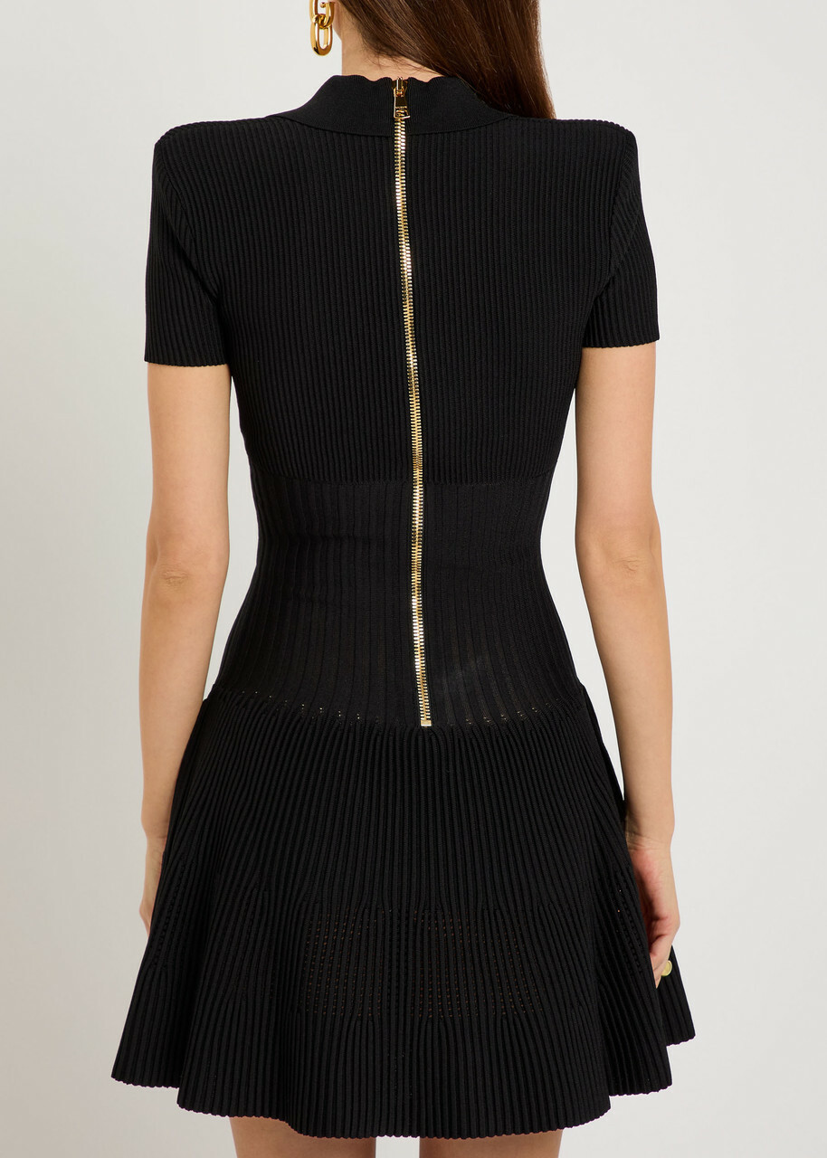 Balmain Embellished V-neck Knit Mini Shirt Dress Black