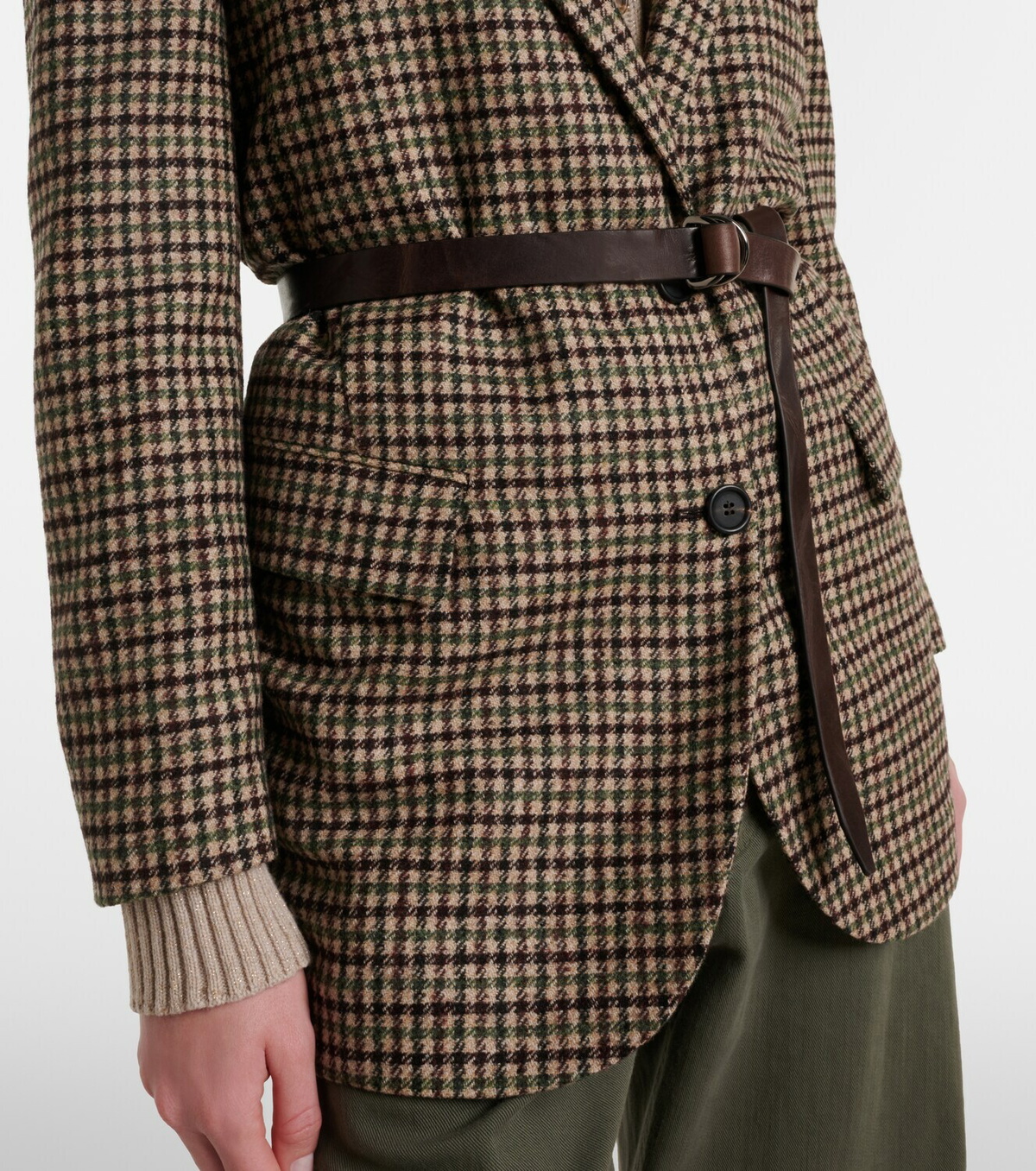 Brunello Cucinelli Belted checked wool and alpaca-blend jacket