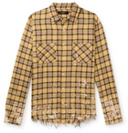 AMIRI - Logo-Appliquéd Distressed Checked Cotton and Linen-Blend Flannel Shirt - Yellow