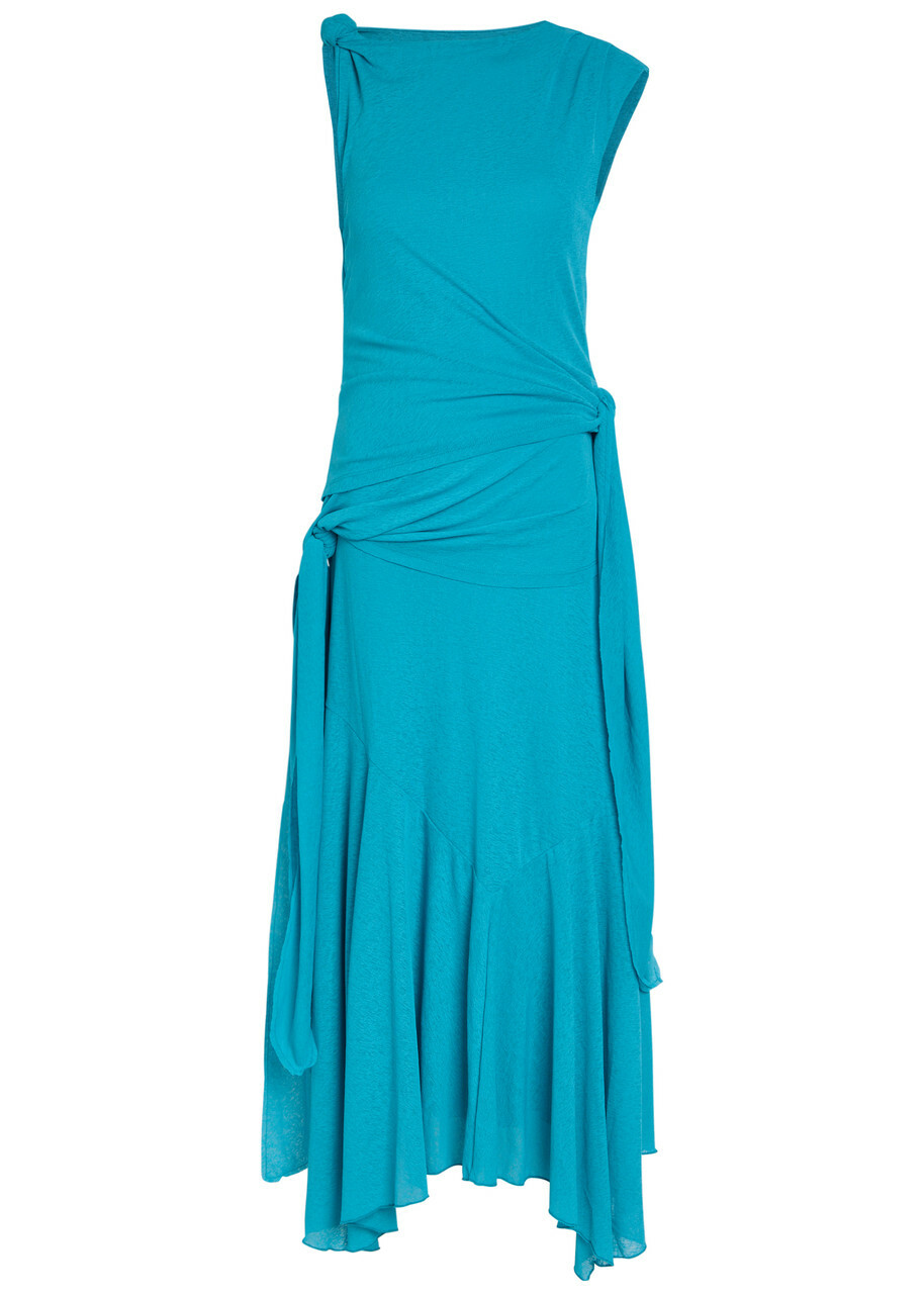 Ganni Draped Asymmetric Mesh Midi Dress Light Blue