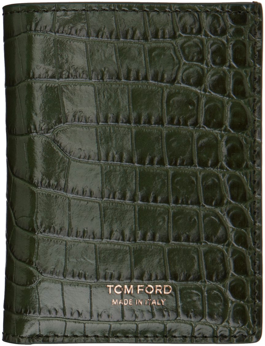 TOM FORD Green Printed Croc Folding Card Holder TOM FORD