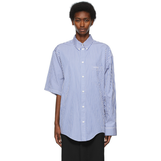 Balenciaga White and Blue Asymmetric Striped Shirt Balenciaga