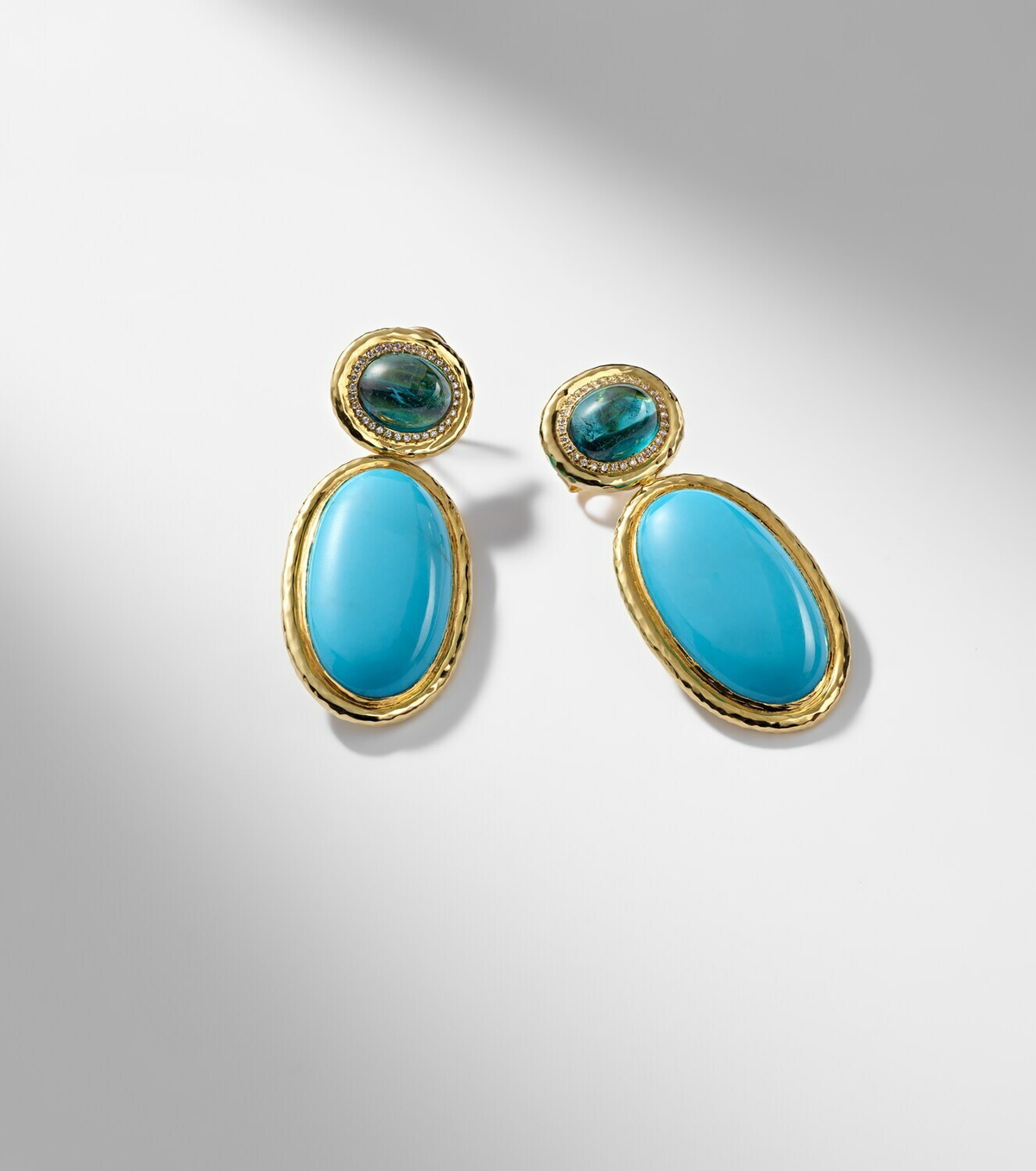 Octavia Elizabeth Bermuda Blue 18kt gold drop earrings with turquoise, tourmaline, and diamonds