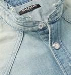 Balmain - Grandad-Collar Logo-Embroidered Distressed Denim Shirt - Blue