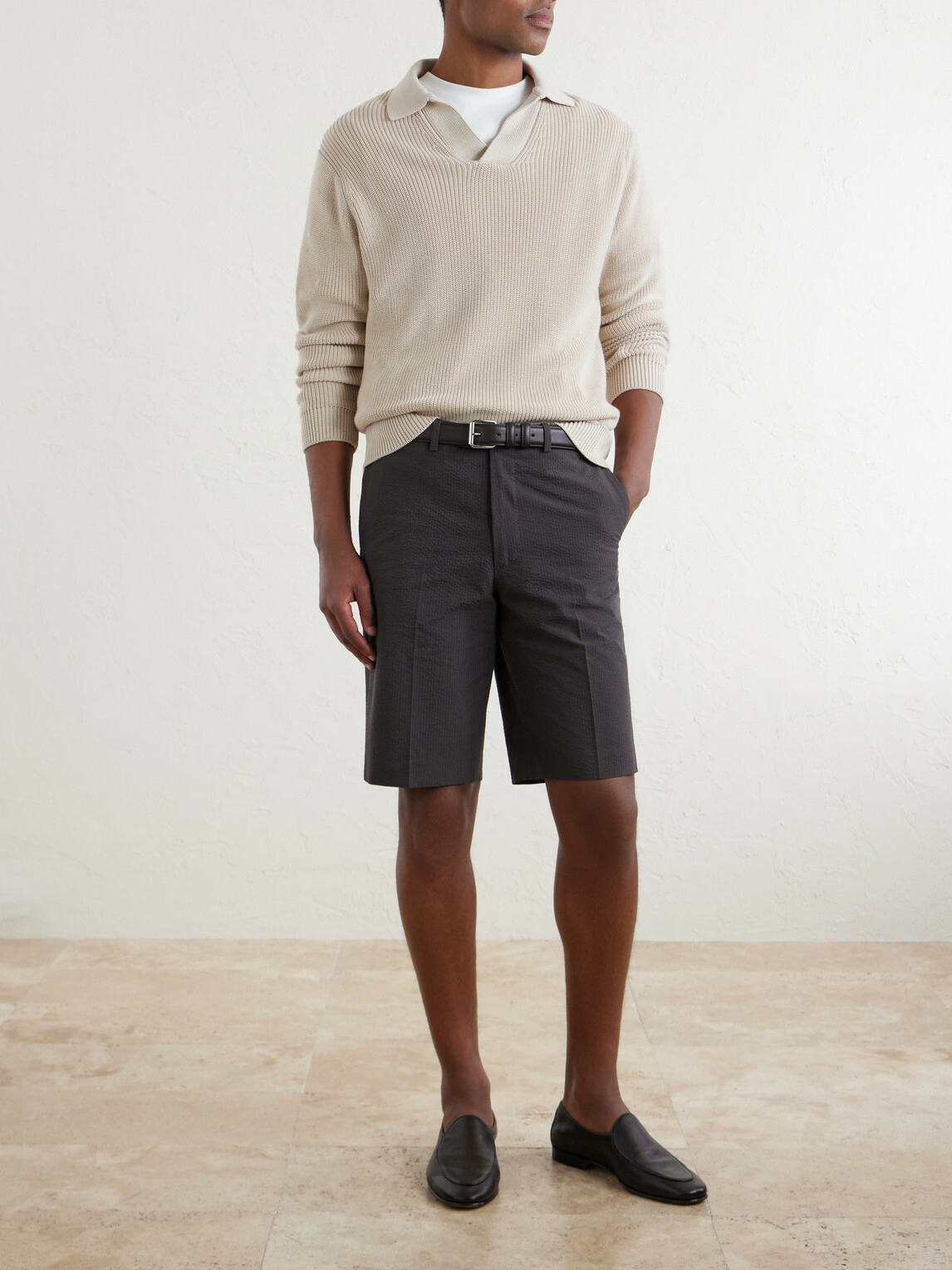 De Petrillo - Straight-Leg Cotton-Seersucker Shorts - Brown