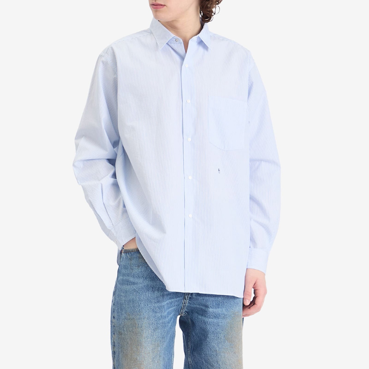 Nanamica Men's Regular Collar Stripe Wind Shirt in Sax Nanamica Nanamica Men's Regular Collar Stripe Wind Shirt in Sax Nanamica
