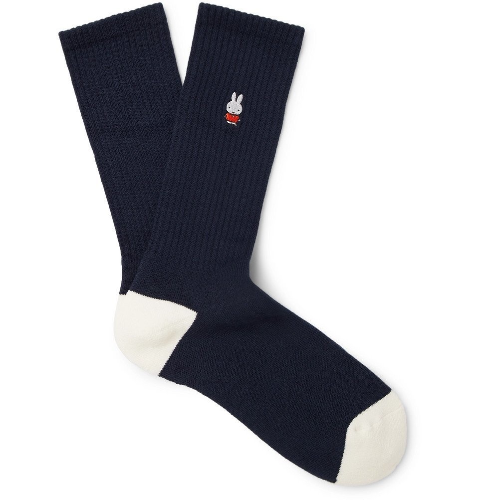 Photo: Pop Trading Company - Miffy Embroidered Ribbed Cotton-Blend Socks - Navy