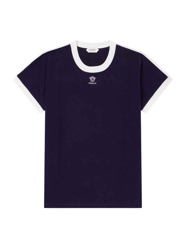 Photo: Versace - Medusa-Embroidered Cotton-Blend Jersey T-Shirt - Blue