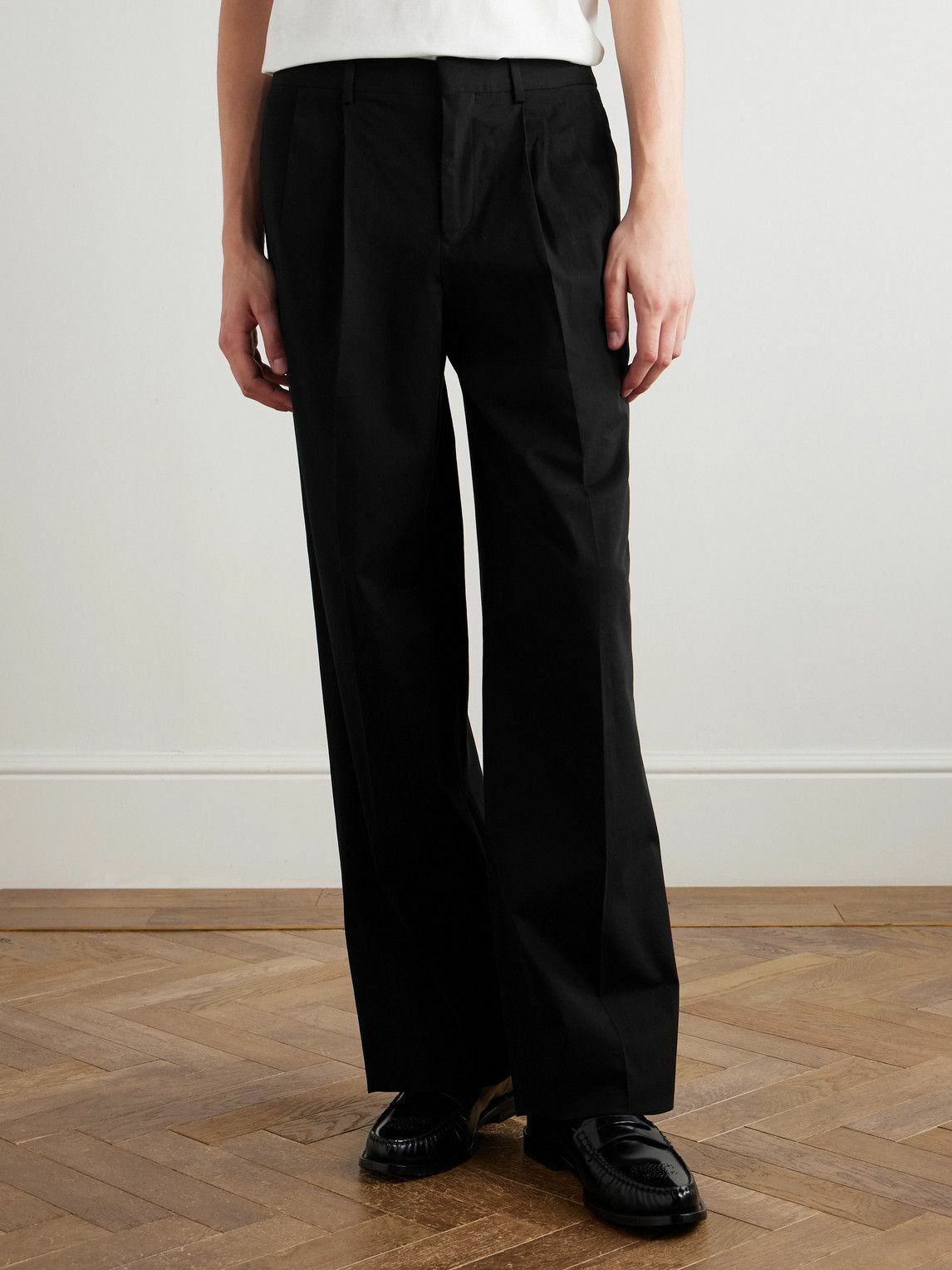 CELINE - Straight-Leg Pleated Cotton-Twill Trousers - Black