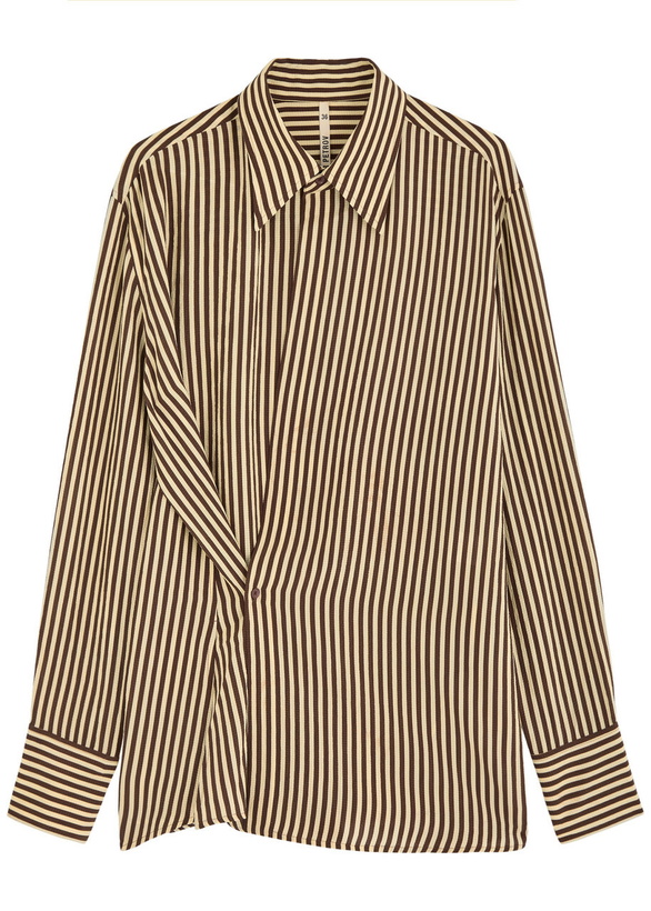 Photo: Petar Petrov Heat Wave Striped Seersucker Silk Wrap Shirt Brown