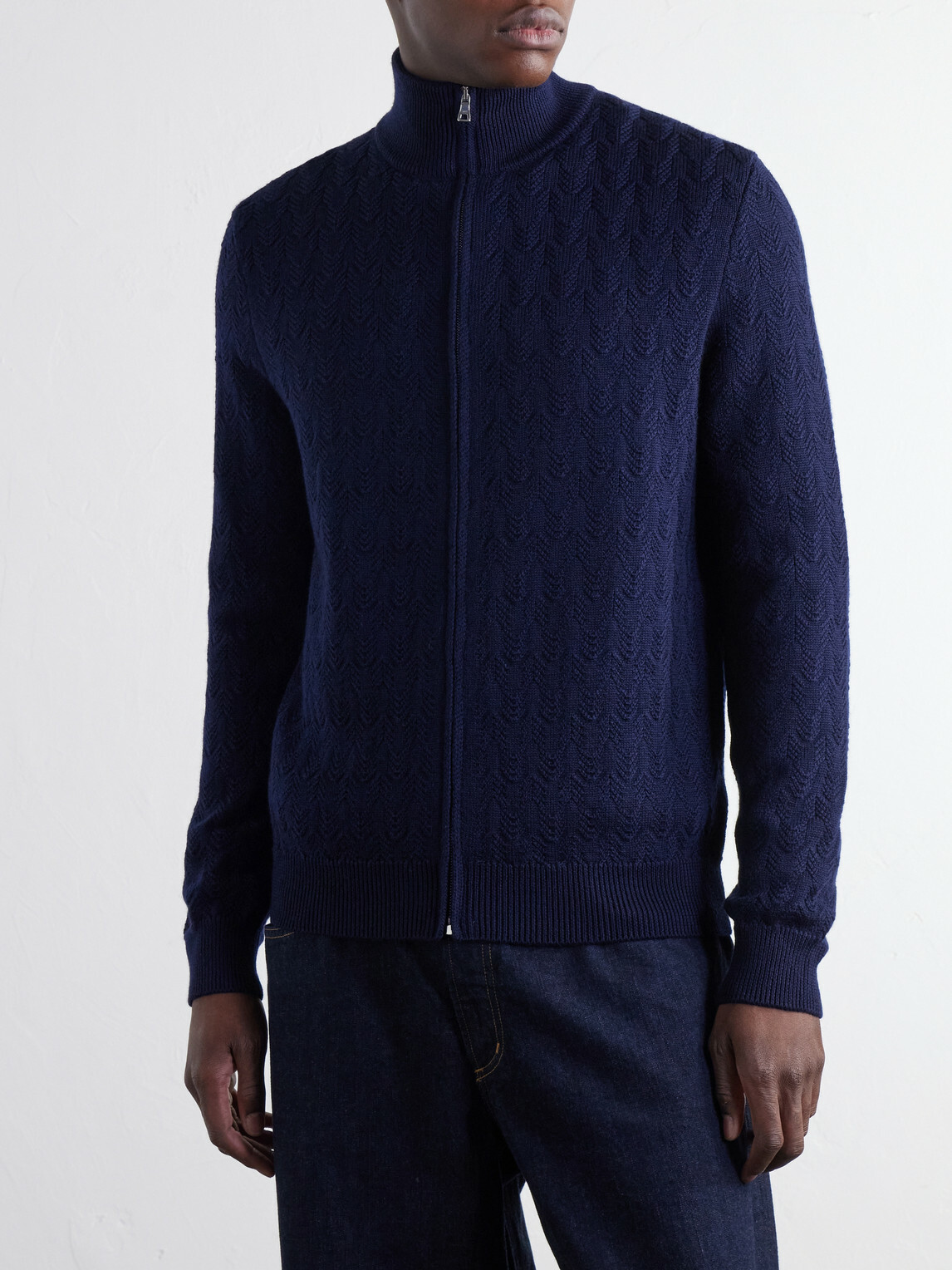Mr P. - Pointelle-Knit Merino Wool Zip-Up Cardigan - Blue