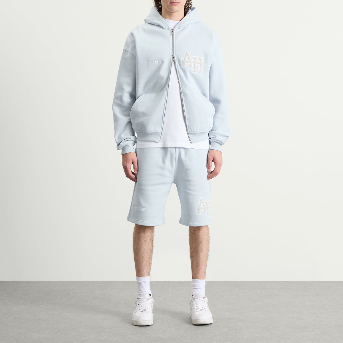 ANNIE HOOD Men's College Sweat Shorts in Baby Blue/White