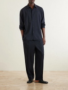 ATON - Straight-Leg Pleated Wool-Gauze Trousers - Blue