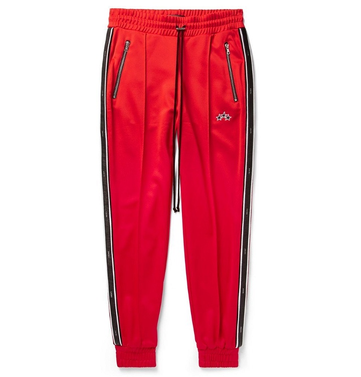 Photo: AMIRI - Slim-Fit Tapered Leather-Trimmed Tech-Jersey Sweatpants - Red