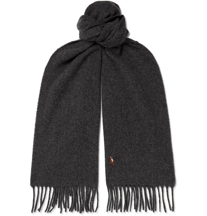 Photo: POLO RALPH LAUREN - Logo-Embroidered Fringed Wool Scarf - Gray