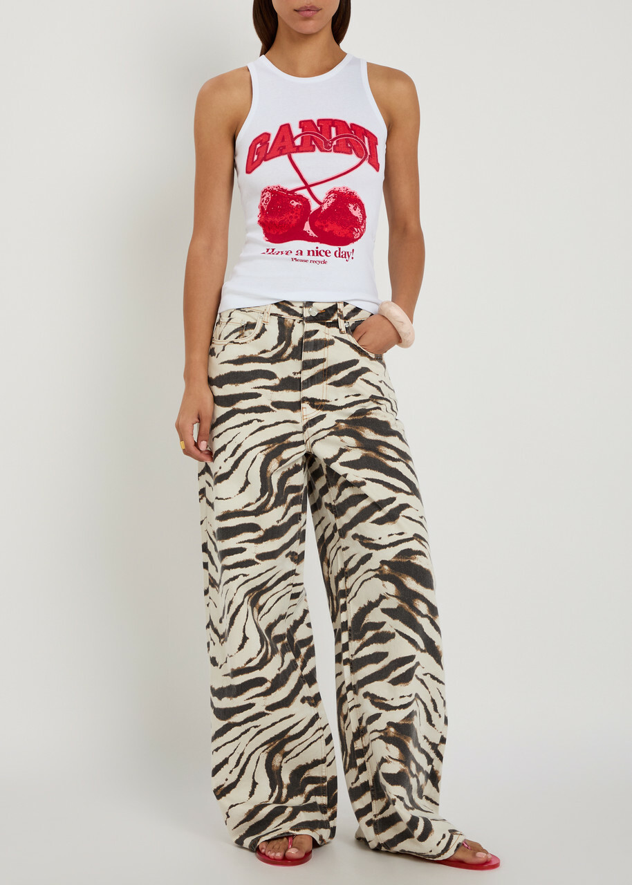 Ganni Cherry Printed Cotton Tank top White