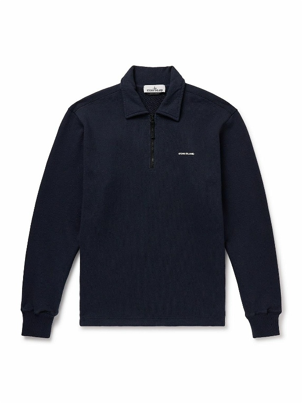 Photo: Stone Island - Garment-Dyed Logo-Print Cotton-Jersey Half-Zip Sweatshirt - Blue