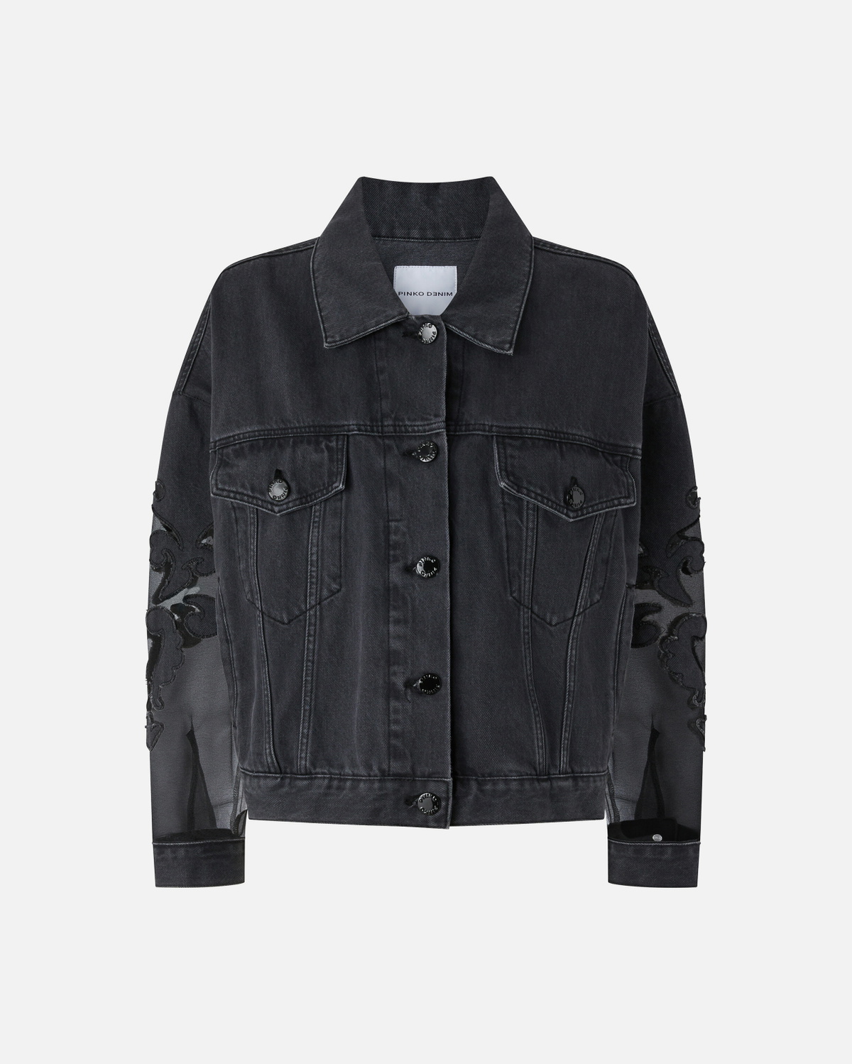 Pinko Black Denim Jacket With Organza Sleeves Limo Black