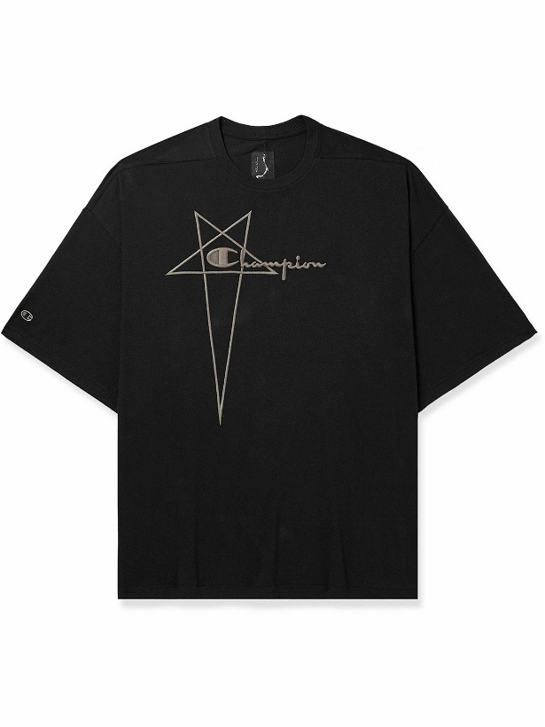 Photo: Rick Owens - Champion Tommy Oversized Logo-Embroidered Cotton-Jersey T-Shirt - Black