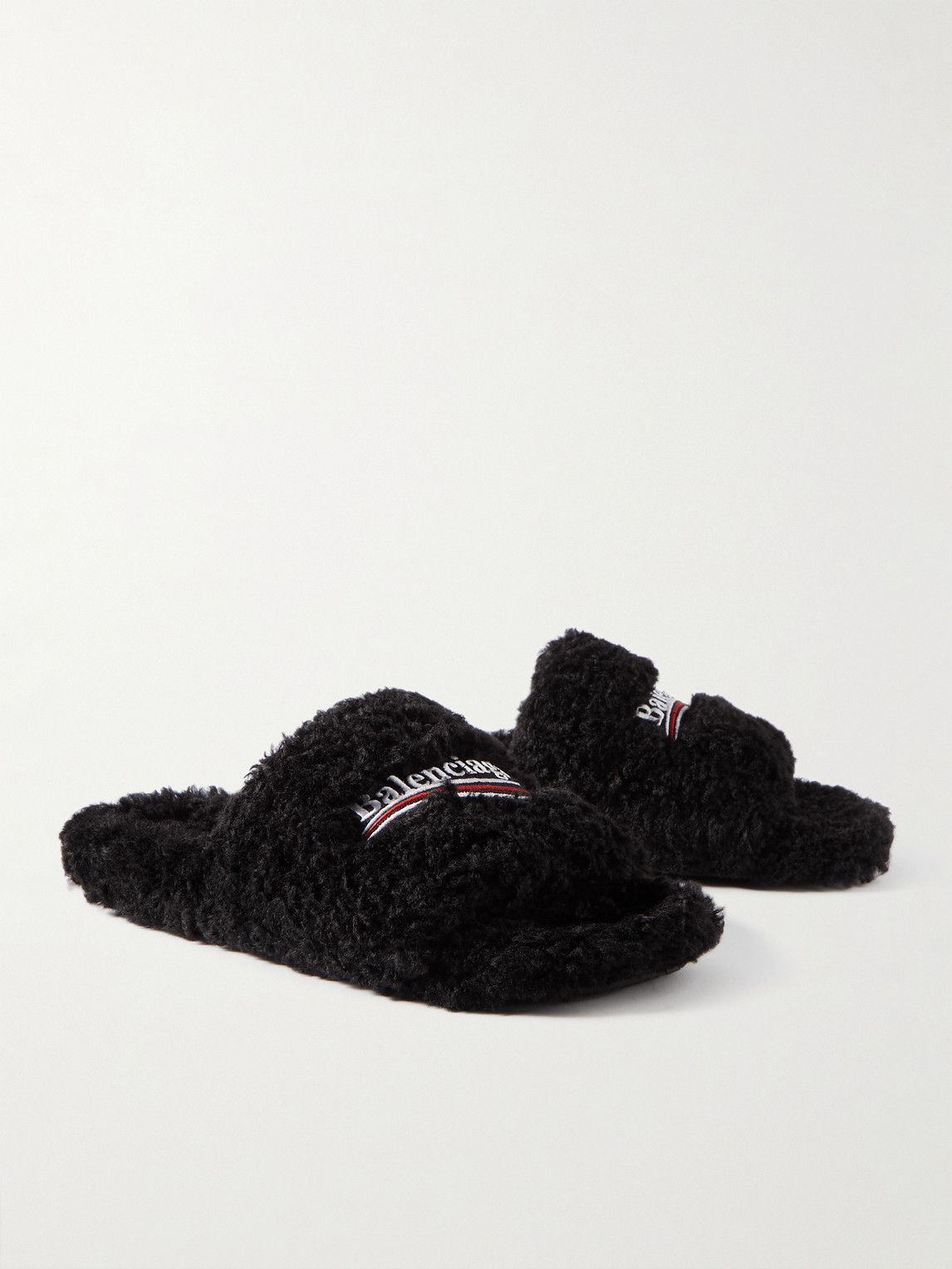 Balenciaga Black Shearling Logo Slide Sandals with Red & White Stitching Balenciaga Furry Slide Men main image 2