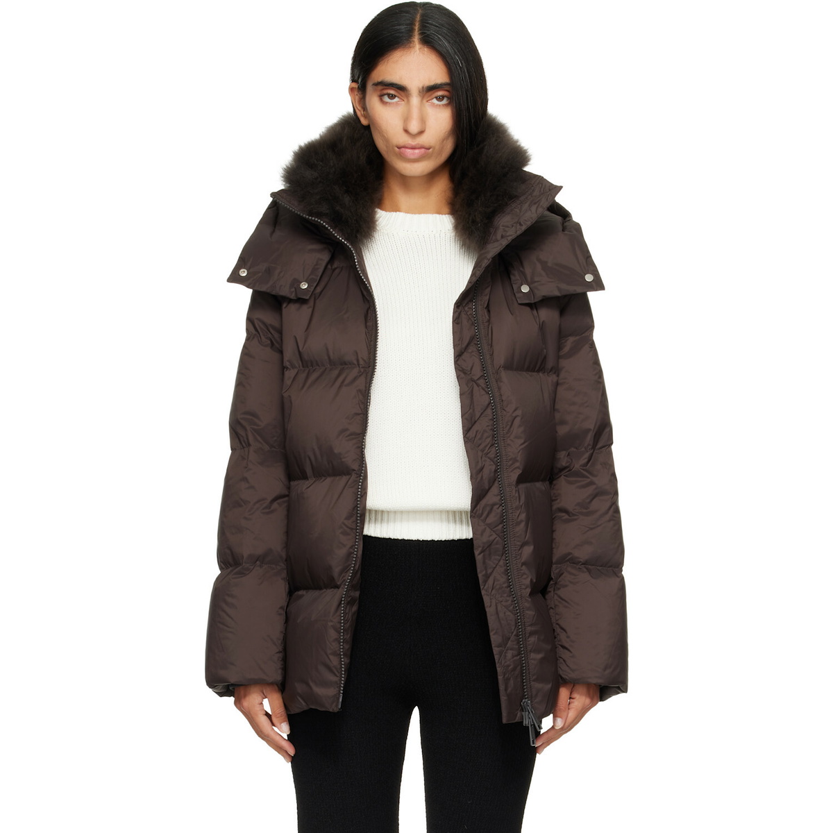 Yves Salomon Brown Waterproof Technical Lambswool Trim A-Line Down Jacket