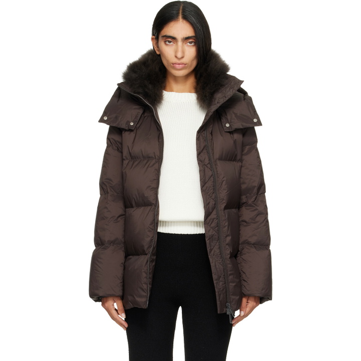 Photo: Yves Salomon Brown Waterproof Technical Lambswool Trim A-Line Down Jacket