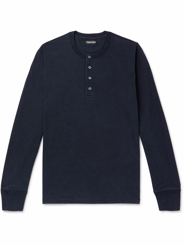 Photo: TOM FORD - Cotton-Jersey Henley T-Shirt - Blue