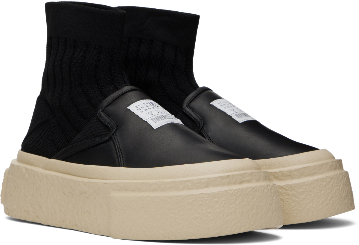 MM6 Maison Margiela Black Leather Knit Sock Platform Sneakers MM6