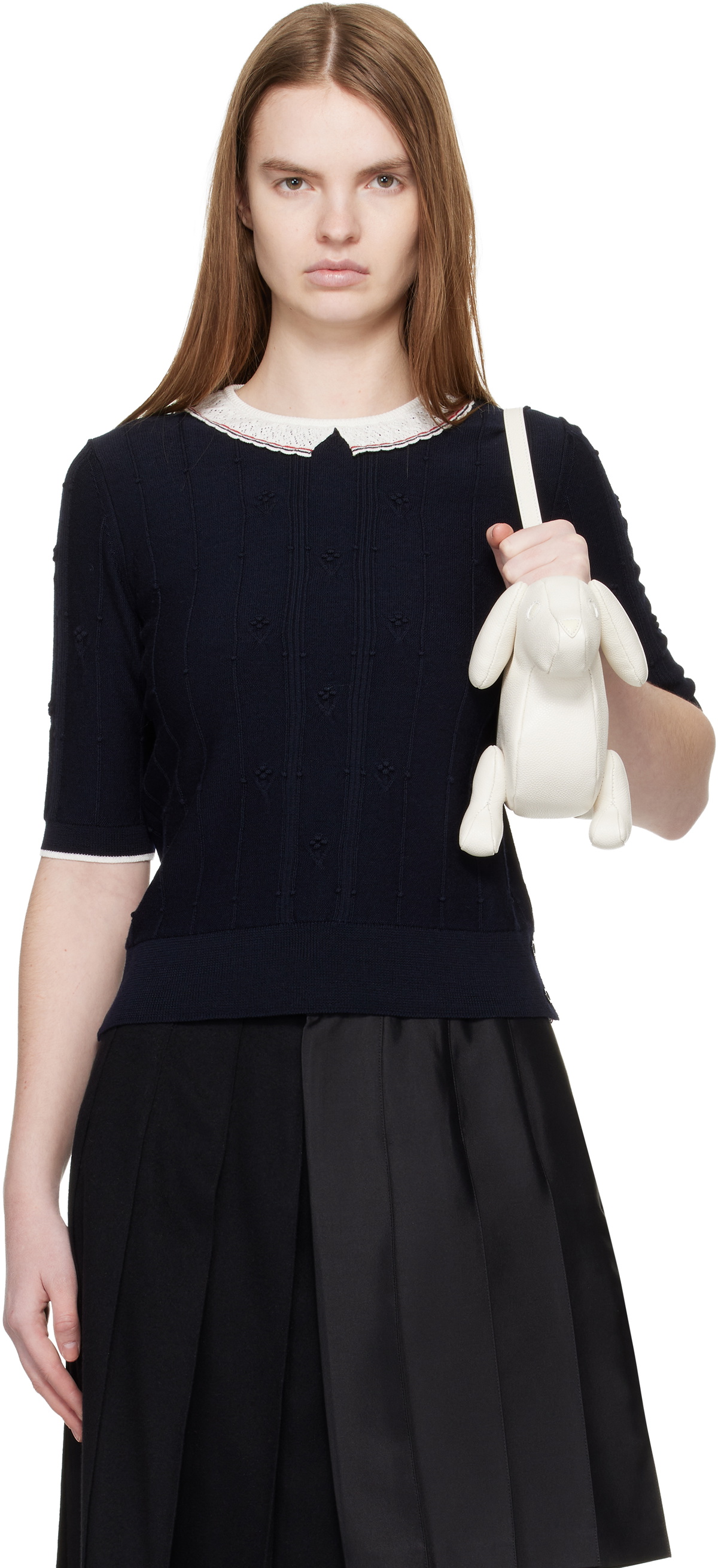Thom Browne Navy Bobble Stitch Short Sleeve Sweater