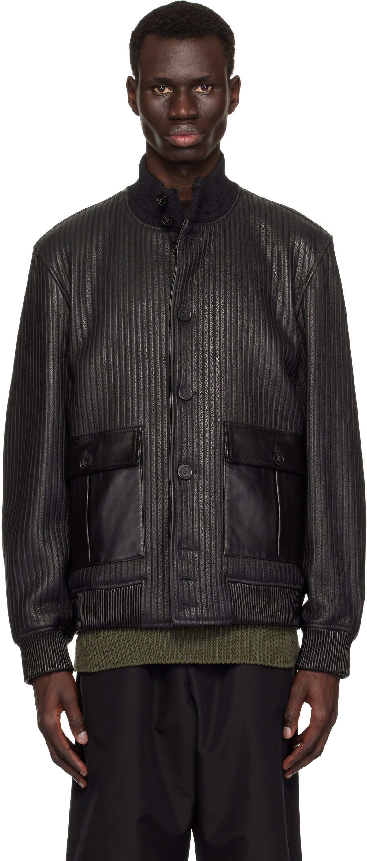 Golden Goose Black Embossed Stripes Leather Bomber Jacket