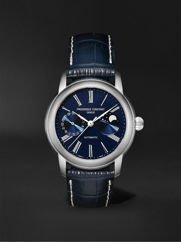 Photo: Frederique Constant - Classic Automatic Moon-Phase 42mm Stainless Steel and Croc-Effect Leather Watch, Ref.No. FC-712MN4H6 - Blue