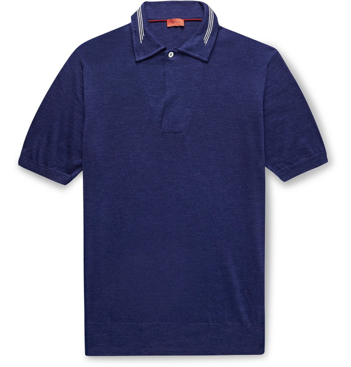 Photo: Isaia - Wool, Silk and Linen-Blend Polo Shirt - Blue