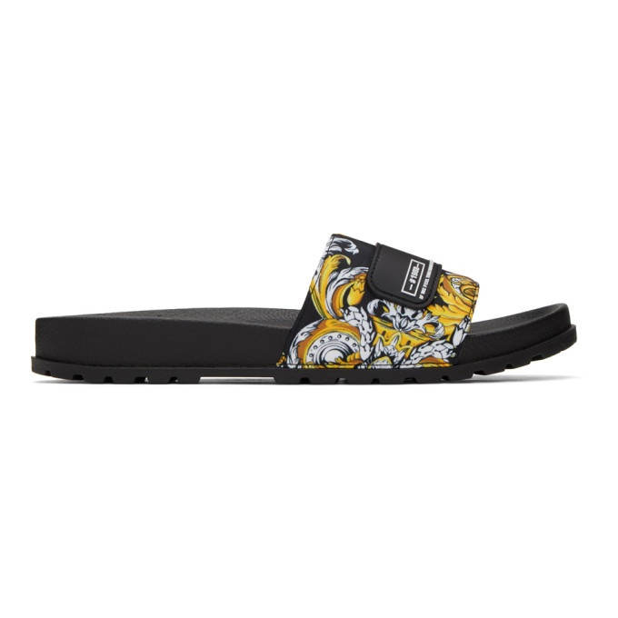 Photo: Versace Jeans Couture Black and Gold Baroque Print Slides