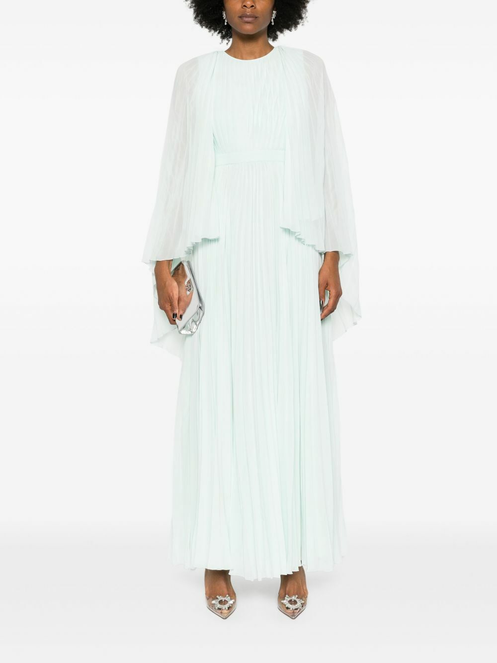 Huishan Zhang Green Plissé Cape Gown