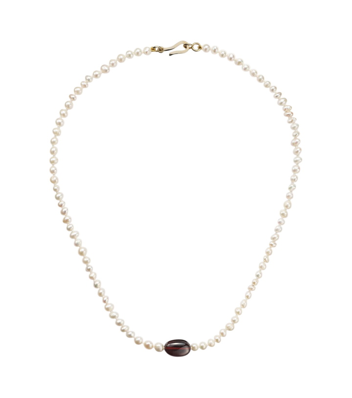 Photo: Ileana Makri 9kt gold (375/1000) beaded necklace with freshwater pearls and hessonite
